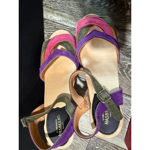 Swedish Hasbeens 50s Suede Combo Sandal With Wooden Heel Size 38 Adjustable Stra - Picture 2 of 8